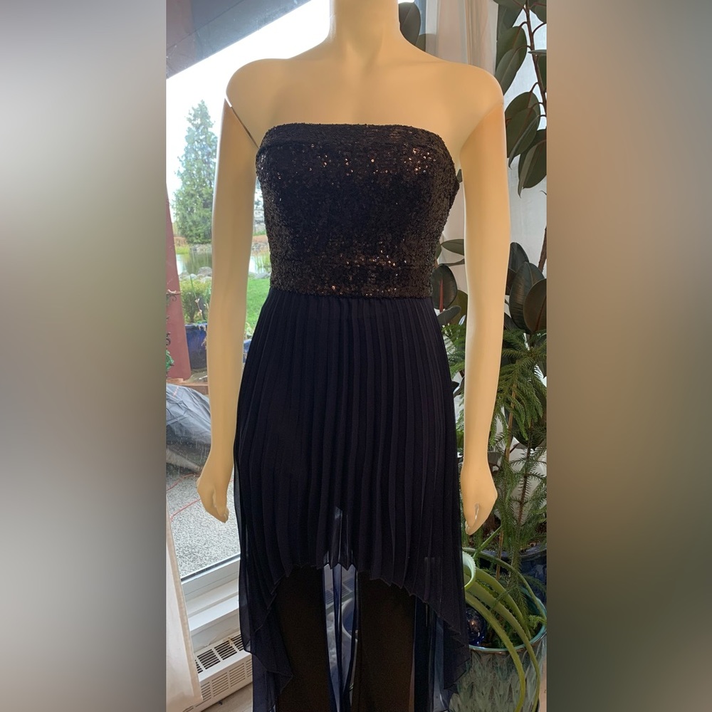 B Darlin Black Sequins Navy Blue Pleated Sheer Strapless High Low Dress Size 3/4